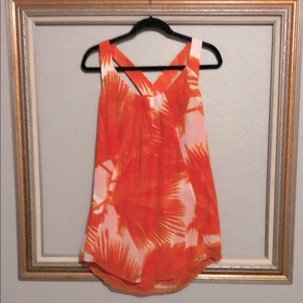 DVF Racerback TUNIC TOP Sz10 CoverUp OrangeWhite Yellow Cotton Silk EUC